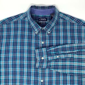 Chaps Easy Care Blue & Teal‎ Plaid Long Sleeve Button Up Men's Shirt Size XXL